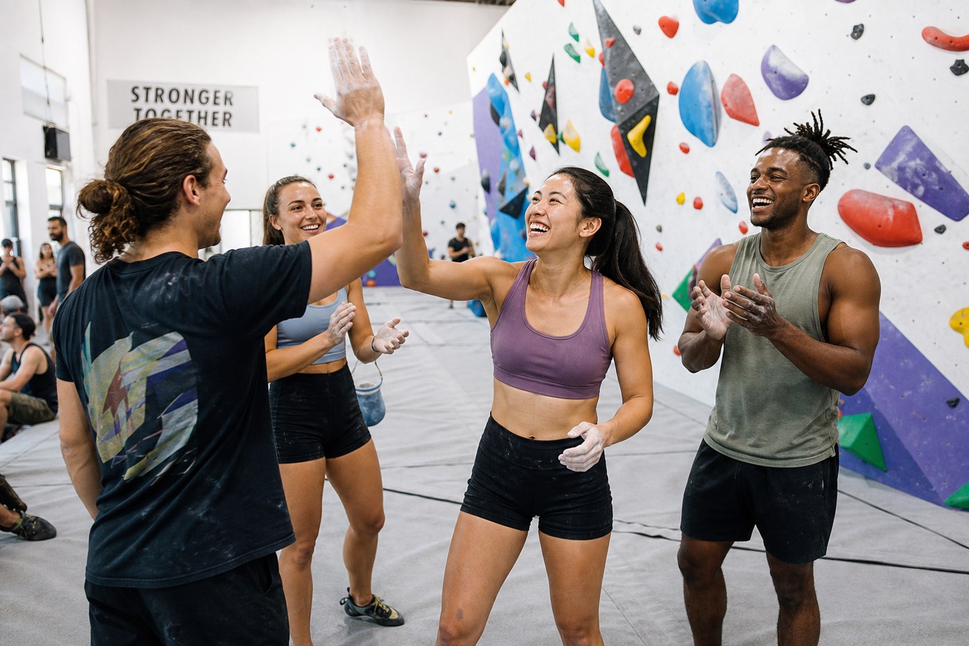 Climbers celebrating after sending a route
