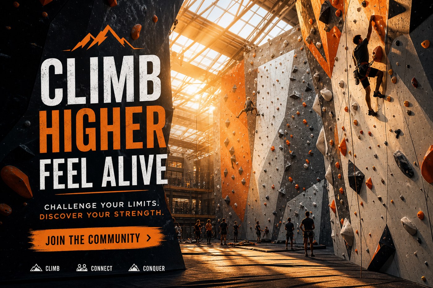 Climbers on colorful indoor walls at golden light