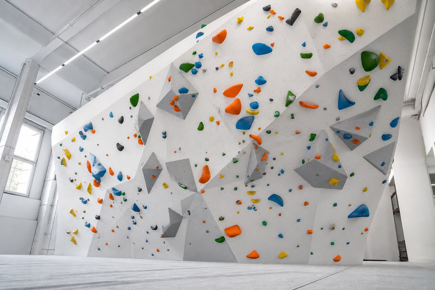Colorful climbing holds on white gym wall